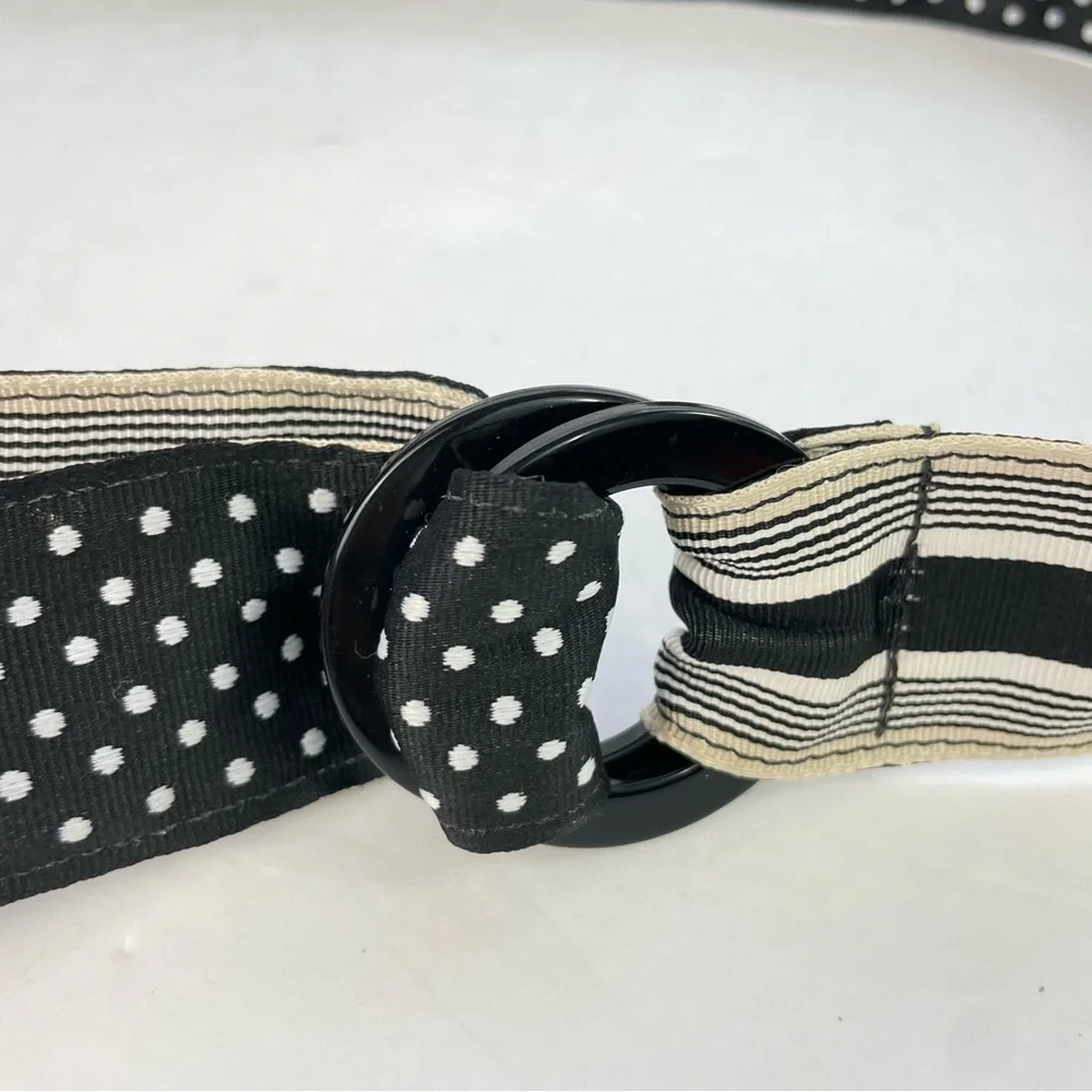 Black White Polka Dot‎ Striped Reversible Ribbon Belt Double Ring